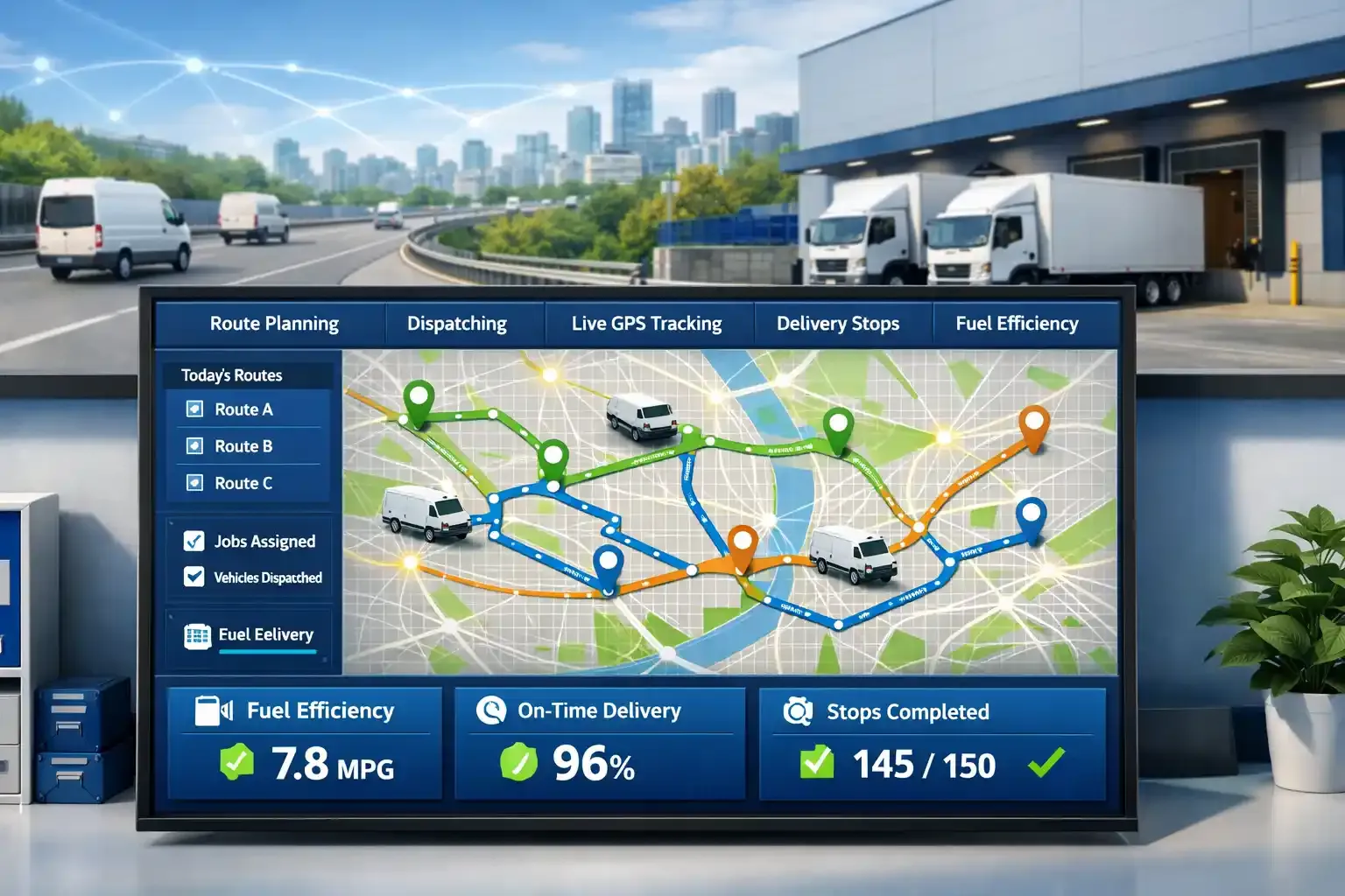 Route management dashboard showing delivery routes, vehicles, and logistics KPIs